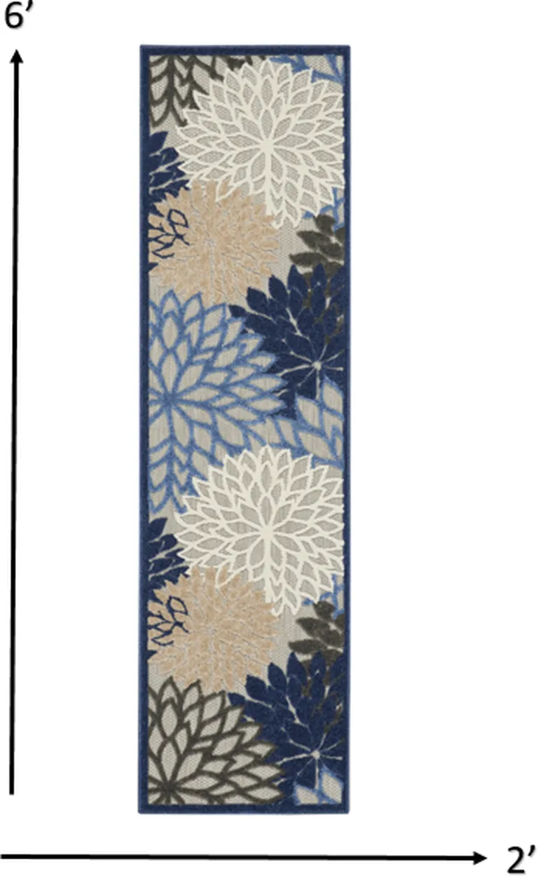 Blue Large Floral Indoor Outdoor Runner Rug Photo 4