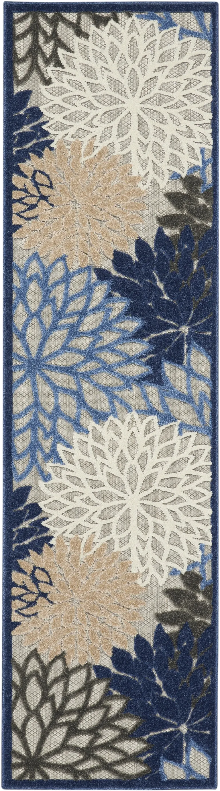 Blue Large Floral Indoor Outdoor Runner Rug Photo 1