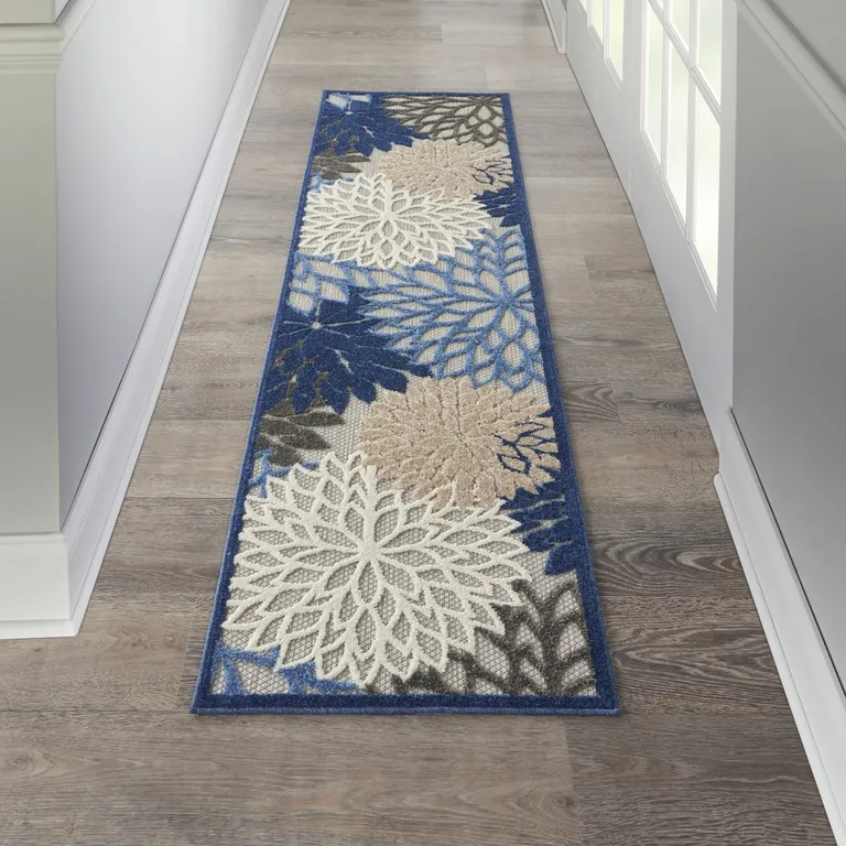 Blue Large Floral Indoor Outdoor Runner Rug Photo 5