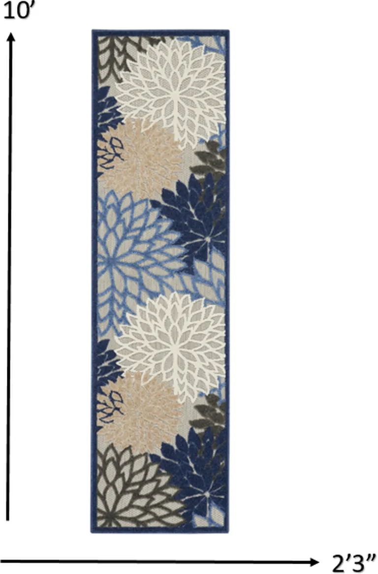 Blue Large Floral Indoor Outdoor Runner Rug Photo 5