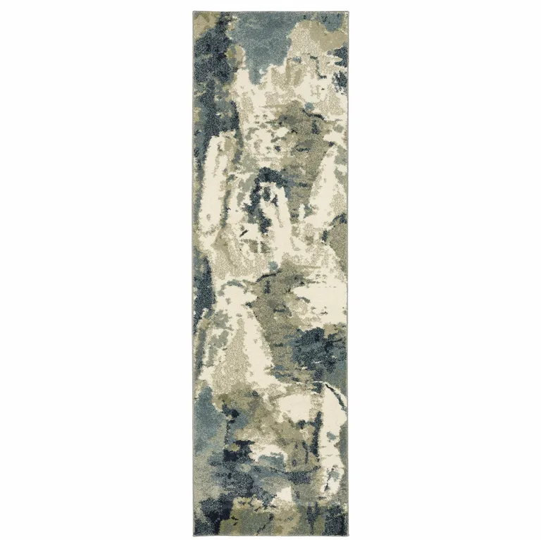 Blue Light Blue Grey Sage Beige And Ivory Abstract Power Loom Stain Resistant Runner Rug Photo 1