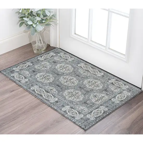 Charcoal and Ivory Medallion Power Loom Area Rug Photo 1