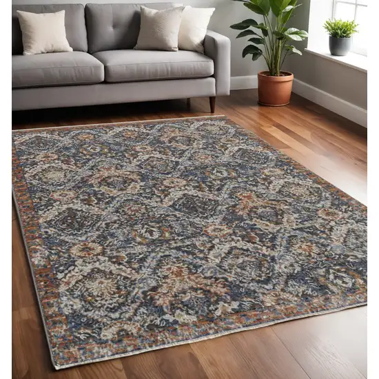 Blue and Orange Floral Power Loom Non Skid Area Rug With Fringe Photo 1