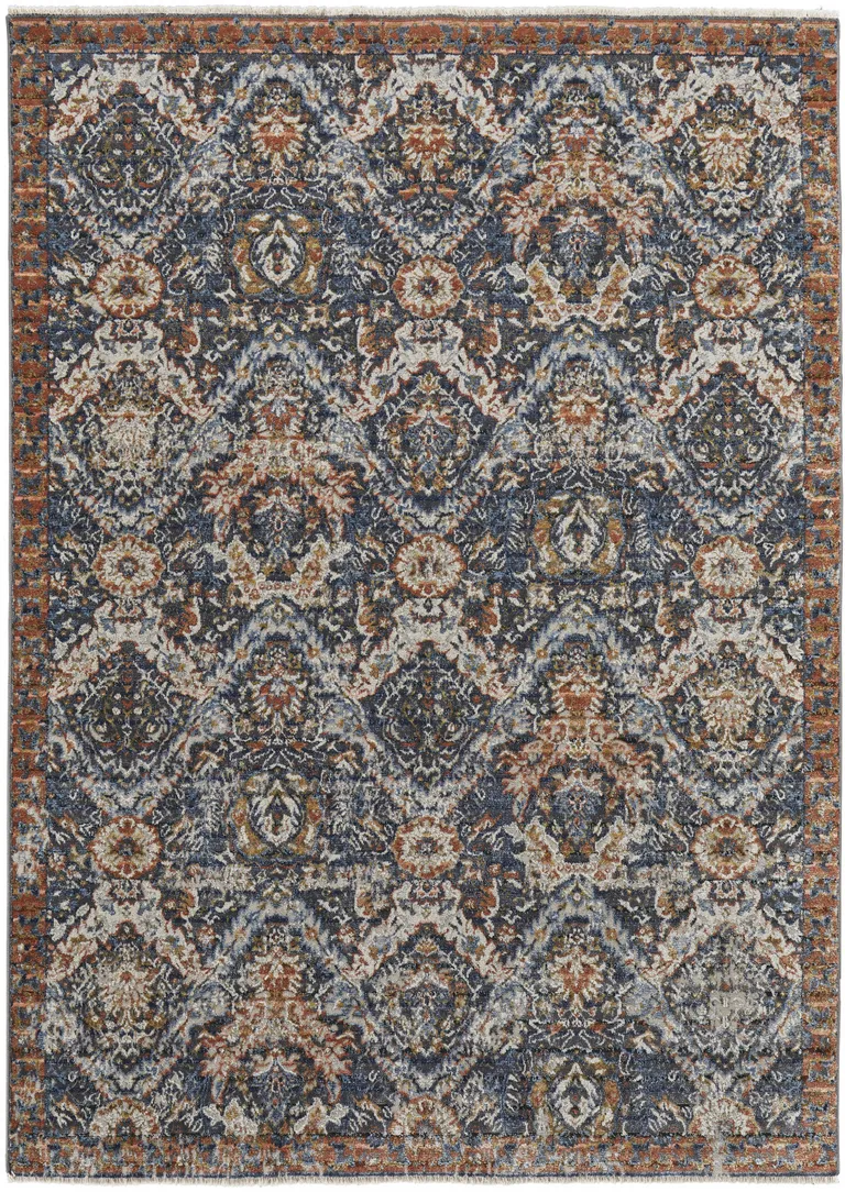 Blue Orange And Ivory Floral Power Loom Area Rug With Fringe Photo 5