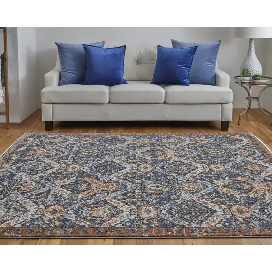 Blue Orange And Ivory Floral Power Loom Area Rug With Fringe Photo 7