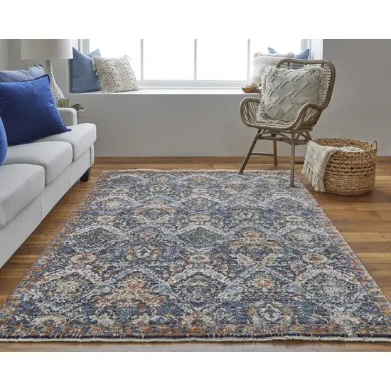 Blue Orange And Ivory Floral Power Loom Area Rug With Fringe Photo 6