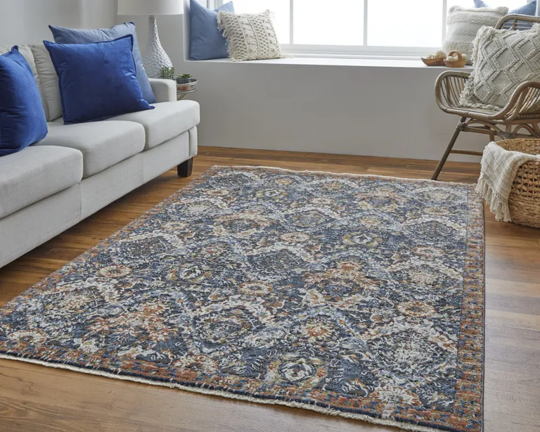 Blue Orange And Ivory Floral Power Loom Area Rug With Fringe Photo 2