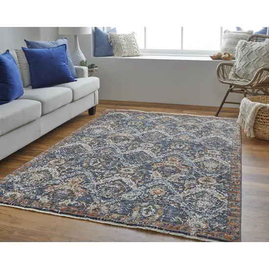 Blue Orange And Ivory Floral Power Loom Area Rug With Fringe Photo 2