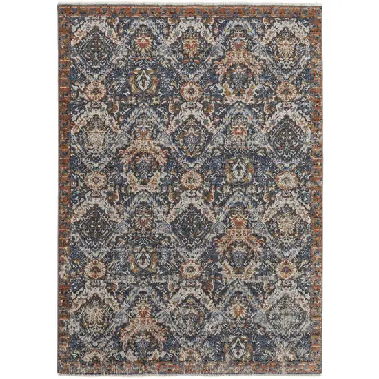 Blue Orange And Ivory Floral Power Loom Area Rug With Fringe Photo 1