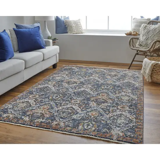 Blue Orange And Ivory Floral Power Loom Area Rug With Fringe Photo 5