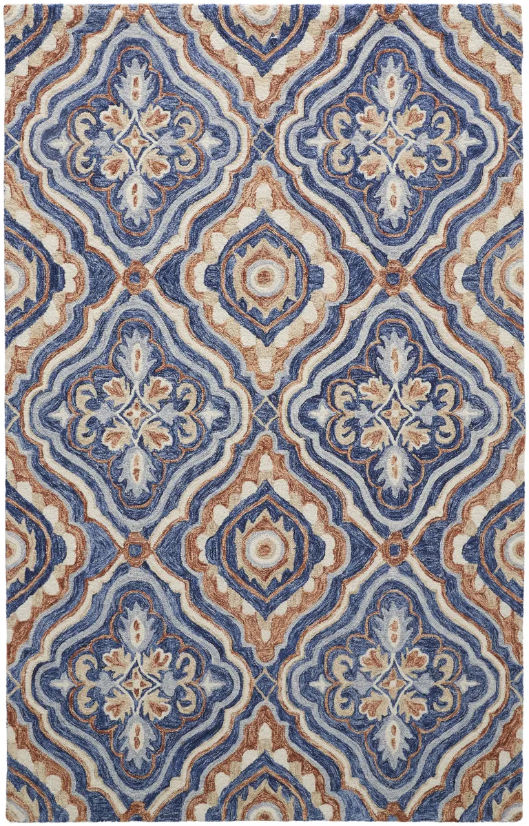 Blue Orange And Ivory Wool Floral Tufted Handmade Stain Resistant Area Rug Photo 1