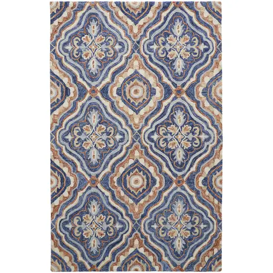 Blue Orange And Ivory Wool Floral Tufted Handmade Stain Resistant Area Rug Photo 1