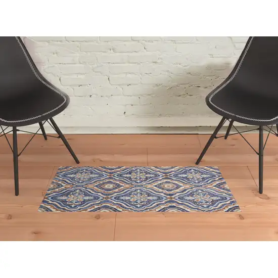 Blue Orange And Ivory Wool Geometric Tufted Handmade Area Rug Photo 2