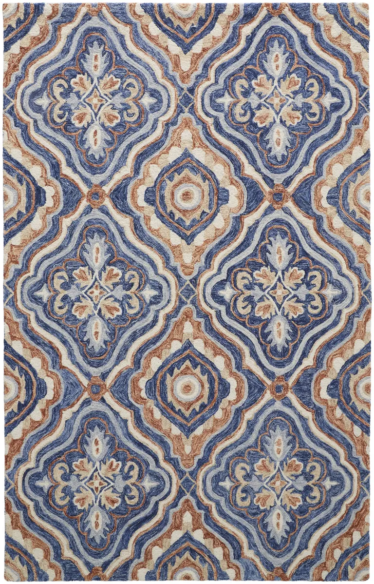 Blue Orange And Ivory Wool Geometric Tufted Handmade Stain Resistant Area Rug Photo 1