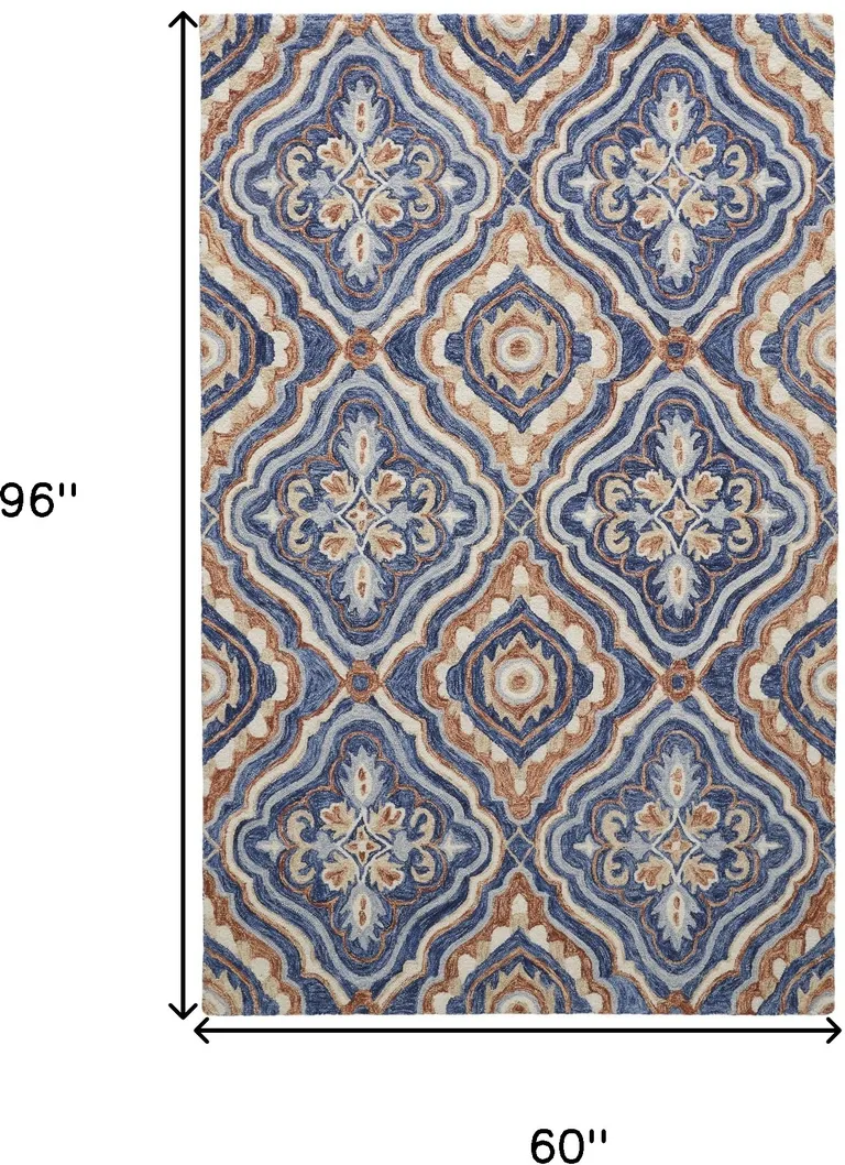 Blue Orange And Ivory Wool Geometric Tufted Handmade Stain Resistant Area Rug Photo 4