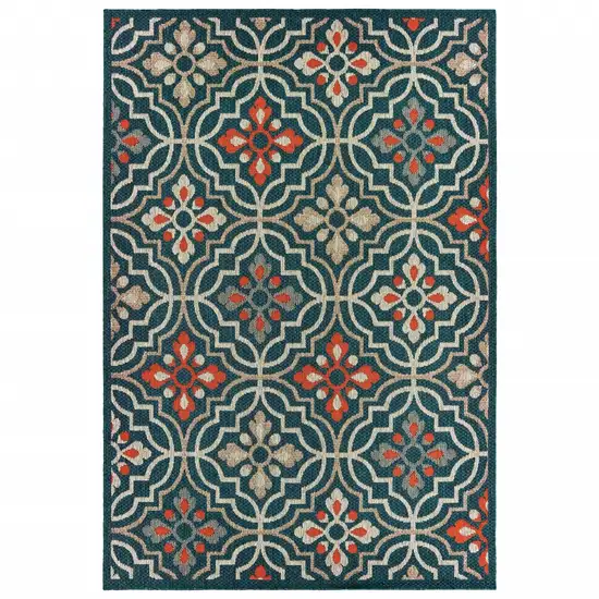 Blue Orange Floral Lattice Indoor Outdoor Area Rug Photo 1