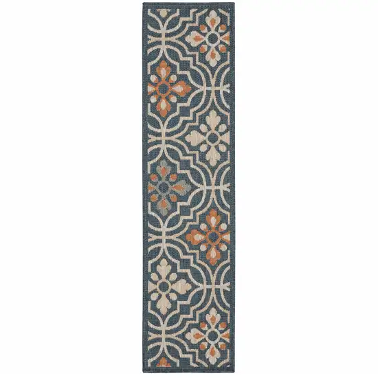 Blue Orange Floral Lattice Indoor Outdoor Runner Rug Photo 1