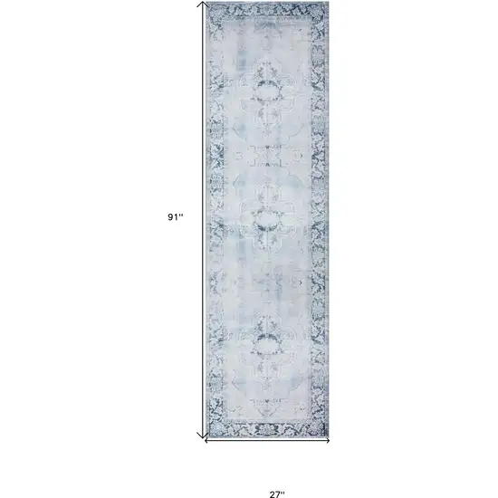 2' X 8' Blue Oriental Distressed Non Skid Runner Rug Photo 9