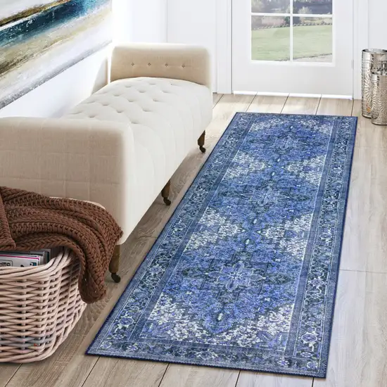 Blue Oriental Distressed Non Skid Runner Rug Photo 6