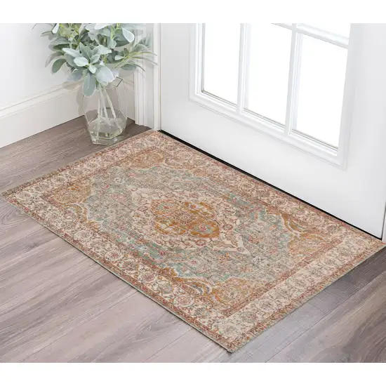 Sea Blue and Orange Oriental Power Loom Area Rug Photo 1