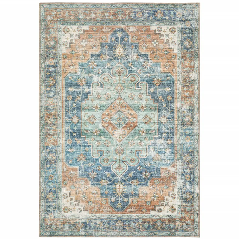 Blue Oriental Power Loom Stain Resistant Area Rug Photo 1