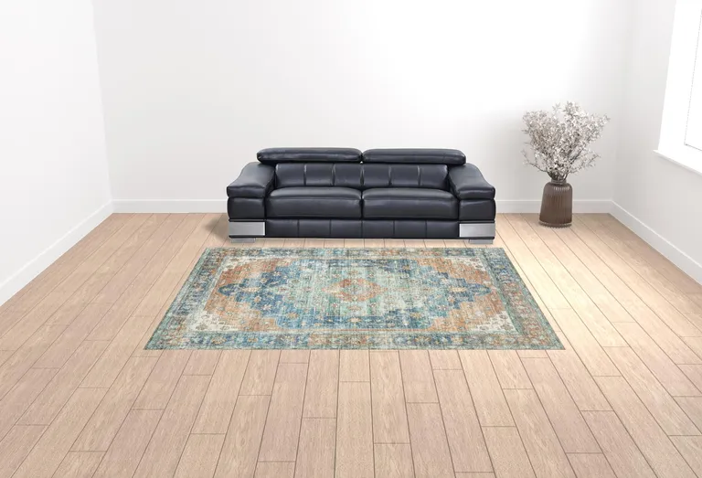 Blue Oriental Power Loom Stain Resistant Area Rug Photo 3