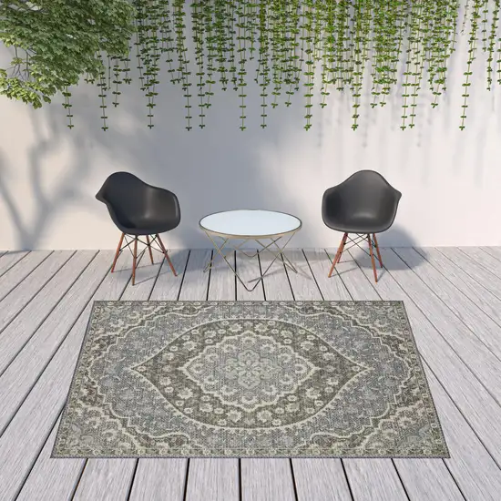 Blue Oriental Stain Resistant Indoor Outdoor Area Rug Photo 3