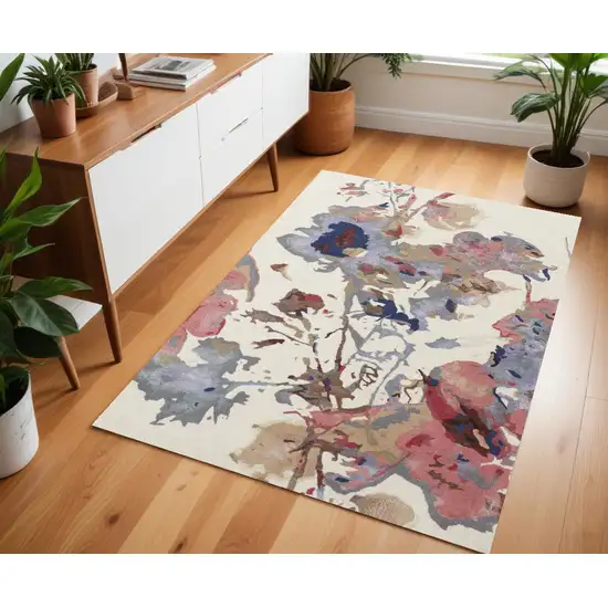 Ivory and Blue Wool Floral Hand Tufted Area Rug Photo 1