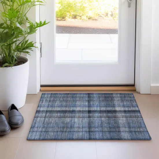 Blue Plaid Washable Non Skid Indoor Outdoor Area Rug Photo 9