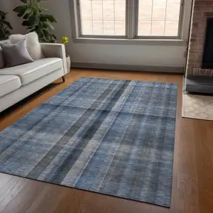 Photo of Blue Plaid Washable Non Skid Indoor Outdoor Area Rug