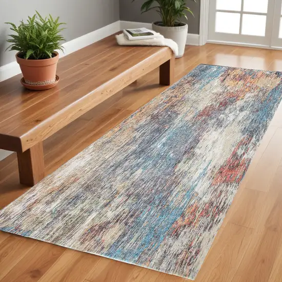 Blue and Beige Abstract Runner Rug Photo 1