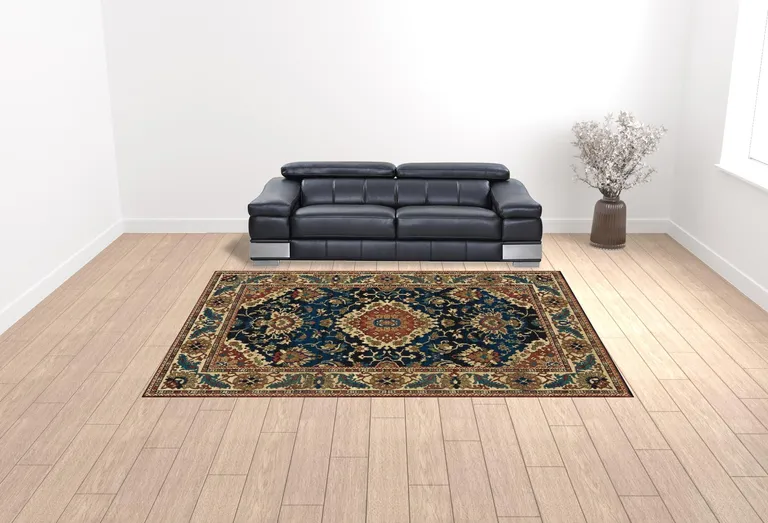 Blue Red And Beige Oriental Power Loom Stain Resistant Area Rug Photo 3