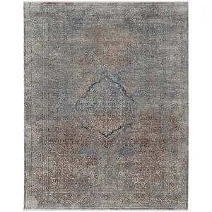 Photo of Blue Red And Gray Floral Power Loom Stain Resistant Area Rug