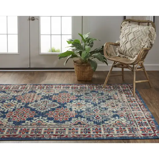 Blue Red And Ivory Abstract Power Loom Distressed Stain Resistant Area Rug Photo 9