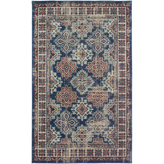 Blue Red And Ivory Abstract Power Loom Distressed Stain Resistant Area Rug Photo 1