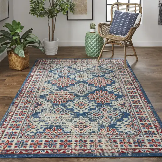 Blue Red And Ivory Abstract Power Loom Distressed Stain Resistant Area Rug Photo 2