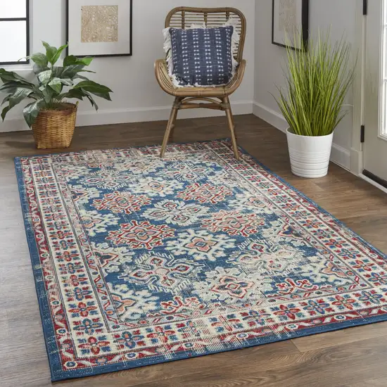 Blue Red And Ivory Abstract Power Loom Distressed Stain Resistant Area Rug Photo 1