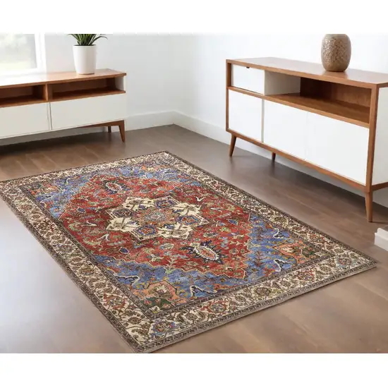 Blue Red And Ivory Floral Area Rug Photo 1