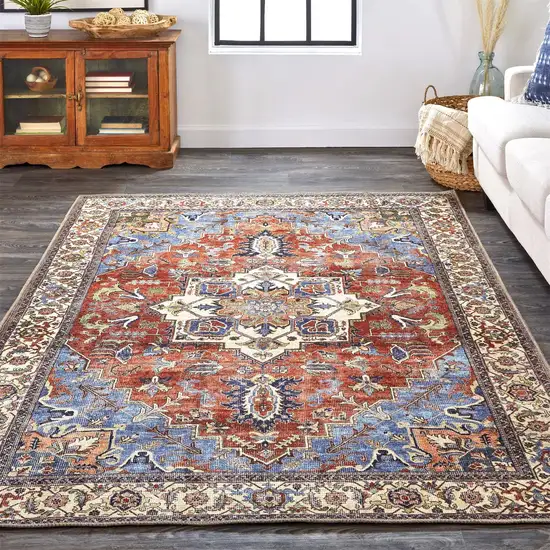 Blue Red And Ivory Floral Area Rug Photo 8