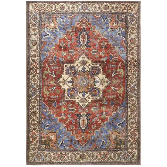 Blue Red And Ivory Floral Area Rug Photo 9