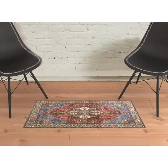 Blue Red And Ivory Floral Area Rug Photo 2