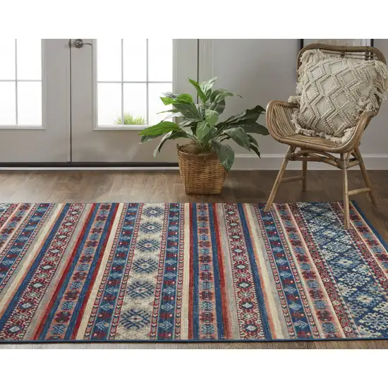 Blue Red And Ivory Geometric Power Loom Distressed Stain Resistant Area Rug Photo 9