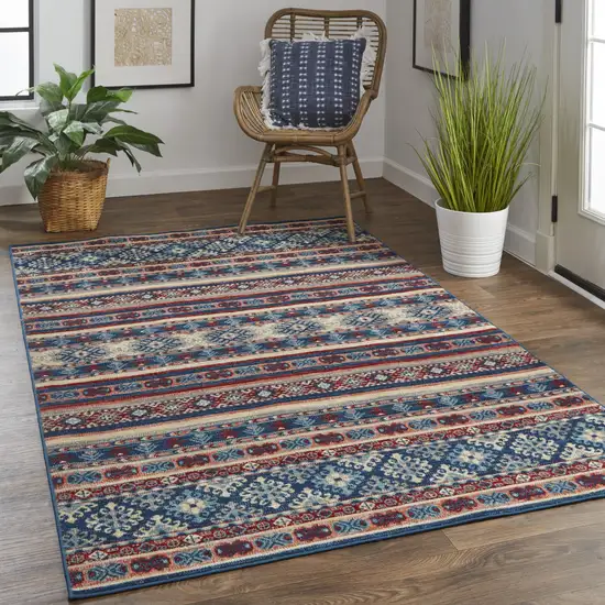 Blue Red And Ivory Geometric Power Loom Distressed Stain Resistant Area Rug Photo 7