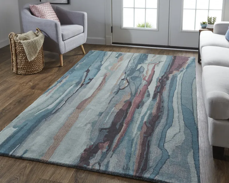 Blue Red And Ivory Wool Abstract Tufted Handmade Stain Resistant Area Rug Photo 5