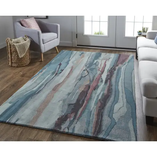 Blue Red And Ivory Wool Abstract Tufted Handmade Stain Resistant Area Rug Photo 5