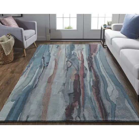 Blue Red And Ivory Wool Abstract Tufted Handmade Stain Resistant Area Rug Photo 6