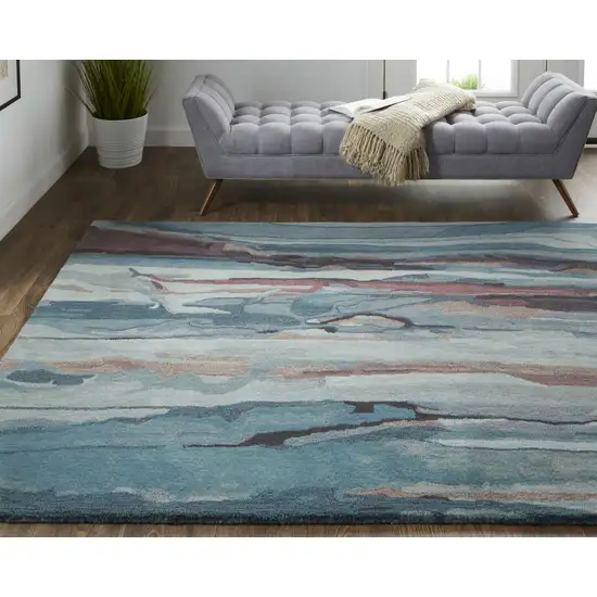 Blue Red And Ivory Wool Abstract Tufted Handmade Stain Resistant Area Rug Photo 7