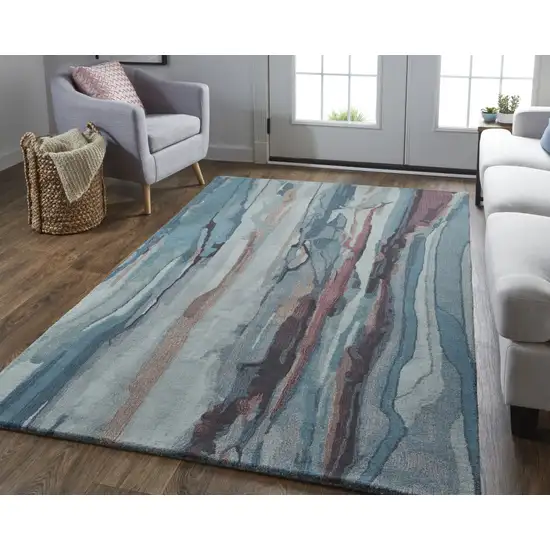 Blue Red And Ivory Wool Abstract Tufted Handmade Stain Resistant Area Rug Photo 6