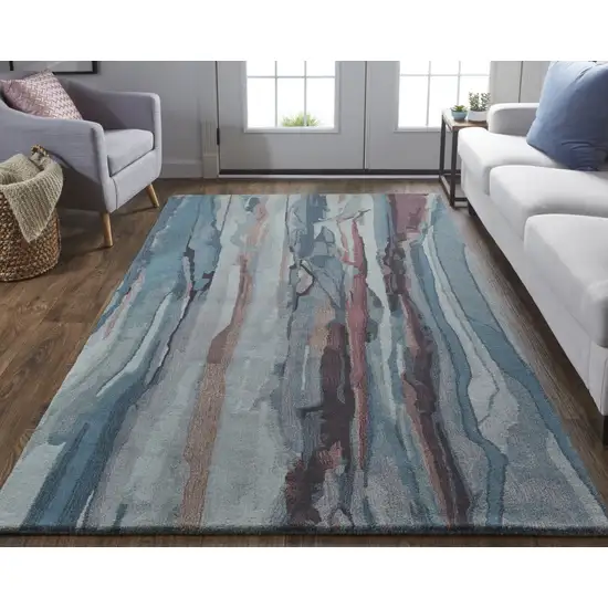 Blue Red And Ivory Wool Abstract Tufted Handmade Stain Resistant Area Rug Photo 7