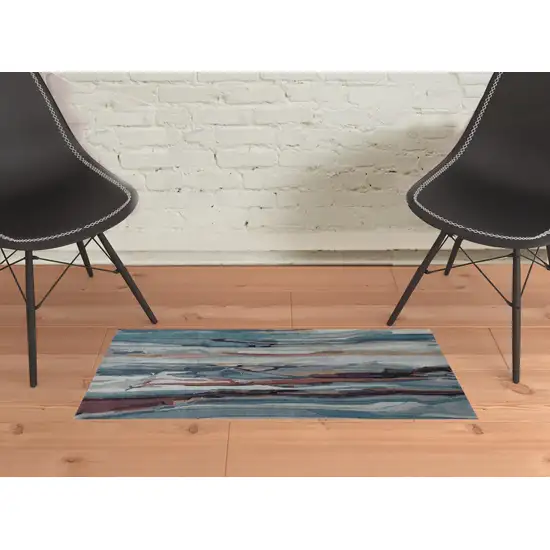 Blue Red And Ivory Wool Abstract Tufted Handmade Stain Resistant Area Rug Photo 2